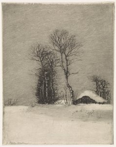 Paisaje invernal con granja y árboles