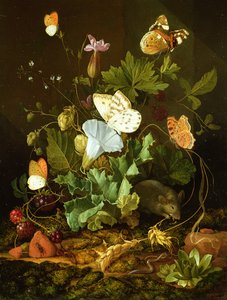 Naturaleza muerta de un suelo forestal con flores, un ratón y mariposas