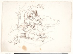 Una pareja joven abrazándose en un paisaje de Elisabeth Jerichau Baumann