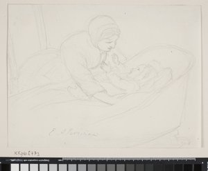Madre levantando a un niño de la cuna de Elisabeth Jerichau Baumann