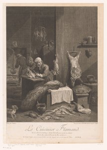Escena de cocina con personal preparando la comida. Le Cuisinier Flamand (título sobre objeto) de Élisabeth Lépicié