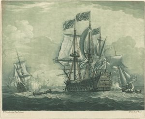 Escena de navegación con barco de guerra de Elisha Kirkall after Willem van de Velde the Younger