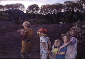 El flautista de Hamelín, una alegoría de la primavera de Elizabeth Adela Stanhope Forbes