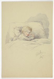 Niño dormido (recto), y Pescadores en el muelle (verso) de Elizabeth Murray
