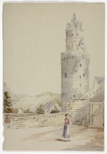 Mujer y niño frente a una ciudad amurallada con torre de Elizabeth Murray