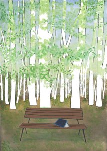 Banco en el bosque, 2017 (acuarela y collage) de Elizabeth Rider