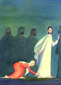 Una mujer pensó para sí misma, "Si tan solo puedo tocar el borde de su manto, seré sanada", 2001 de Elizabeth Wang