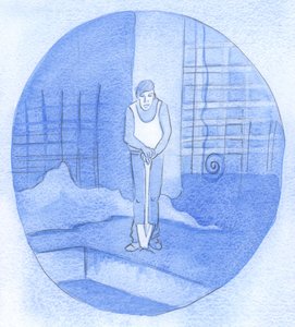 Un obrero se apoya en su pala en medio del desorden y el desorden de un sitio de construcción, aún no viendo la razón de todo su trabajo: ¡así es con nosotros mientras perseveramos en la fe! de Elizabeth Wang