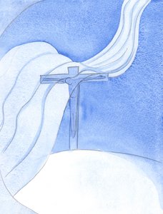Mientras Cristo derrama Su Sangre en una Nueva Alianza, un gran viento malévolo barre la Cruz, amenazando y destruyendo de Elizabeth Wang