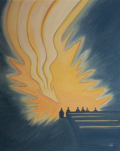 En la Sagrada Comunión, una gran llama, como una flecha, desciende sobre nosotros cuando Cristo viene a encontrarnos en el poder del Espíritu, 2001 de Elizabeth Wang