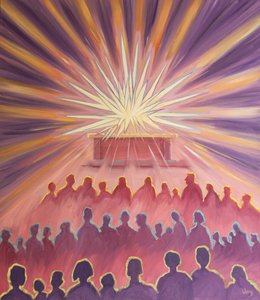 En la Misa, el Amor Divino del Padre envuelve a Jesús en un fuego blanco de Sacrificio de Elizabeth Wang