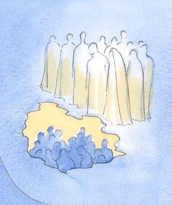 Cristo y sus santos en el cielo miran con gran ternura a sus amigos en la tierra que meditan en su Pasión de Elizabeth Wang