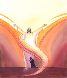 Cristo está realmente presente en el tabernáculo, constantemente orando por nosotros, con los brazos extendidos en oración hacia el Padre arriba, a quien Cristo ve morando en la gloria que aún no podemos ver. de Elizabeth Wang