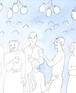 Cristo observa con alegría cuando celebramos la vida o buenas noticias compartiendo comida y bebida con amigos, en una fiesta, en genuino deleite mutuo, con el deseo de dar alegría y consolar corazones cansados de Elizabeth Wang