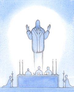Cristo nuestro Señor resucitado estaba presente sobre el altar, como si ascendiera del sepulcro, con las manos levantadas al Padre, intercediendo por nosotros que creemos en Él, nuestro Sumo Sacerdote de Elizabeth Wang