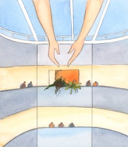 Cristo me mostró que desde cada piso del hospital de Santa Frai en Lourdes podemos ver la luz del sol y el Cielo, 2005 (acuarela sobre papel) de Elizabeth Wang