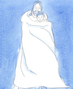 Cristo está a nuestro lado en la Sagrada Comunión, envolviéndonos en Su manto, como un hombre envuelve a un amigo en una tormenta, para mantener a su amigo cerca y darle protección, calor y consuelo de Elizabeth Wang