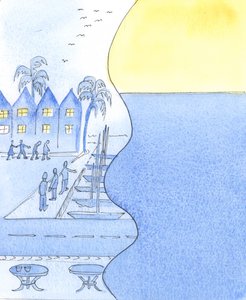 En una ciudad costera, podemos contemplar las calles concurridas y el puerto, o girar para admirar el cielo y el mar tranquilo de Elizabeth Wang