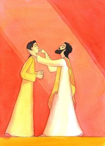 Jesús sana al hombre sordo, mientras levanta sus ojos al cielo, en oración, 2001 de Elizabeth Wang
