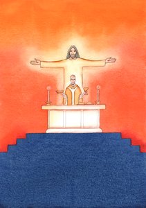 Jesús está presente con nosotros en la Misa, orando al Padre en nuestro nombre, pidiendo ayuda en nuestras necesidades y por la salvación eterna. Podemos unir todas nuestras oraciones con su gran oración sacrificial de Elizabeth Wang