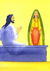 Jesús se encuentra con la mujer samaritana en el pozo, 2001 de Elizabeth Wang