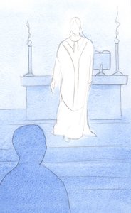 Jesús estaba presente entre nosotros en la Misa, vestido como sacerdote, volviéndose hacia nosotros para guiarnos en la oración de Elizabeth Wang