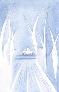 Los Ángeles se inclinan ante la ofrenda de Cristo, agrupados a su alrededor. Otros se inclinan en profunda reverencia, alrededor de la iglesia de Elizabeth Wang