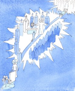 La Iglesia Católica enseña la gloriosa verdad de que, en el pasado, Dios se acercó a los seres humanos de diversas maneras, 2005 (acuarela sobre papel) de Elizabeth Wang