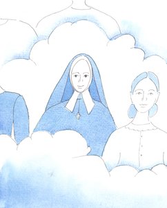 El Señor me mostró a Santa Bernadette, que ahora es feliz en el Cielo, con los otros Santos, después de su corta y dolorosa vida, 2005 (acuarela sobre papel) de Elizabeth Wang