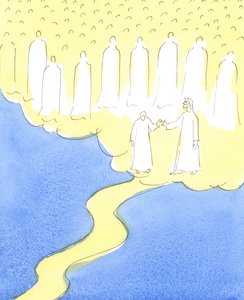 El alma bendita que ha perseverado hasta el final, en amor a Cristo y a su prójimo, es llevada de la mano por Cristo, para encontrarse con los amigos celestiales que están reunidos para darle la bienvenida a su compañía, 2004 de Elizabeth Wang