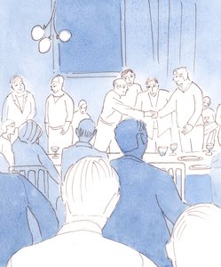 El grupo feliz de amigos en la fiesta dio alegría a Dios a través de su gracia antes de la comida, su fidelidad al matrimonio y a la amistad, su amor por los dones de Dios de la risa, la comida, la bebida y la música de Elizabeth Wang