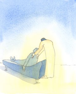 Cuando estamos enfermos, y Cristo viene a nosotros en la Sagrada Comunión, es como si Él insistiera en ayudarnos a acostarnos en un sofá. de Elizabeth Wang