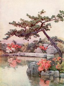 Azaleas en un jardín de Kioto (litografía en color)