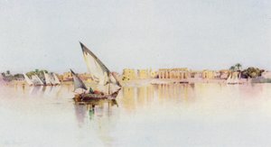 El templo de Luxor, desde la orilla oeste del Nilo (litografía en color) de Ella Du Cane