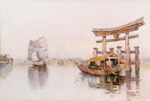 Puerta Torii en la entrada del santuario de Itsukushima, Miyijima, Japón (acuarela sobre papel)