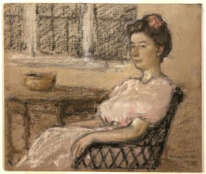 Mujer sentada en rosa