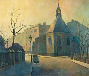 Escena callejera, Iglesia de San Juan Bautista, norte de Londres de Elwin Hawthorne