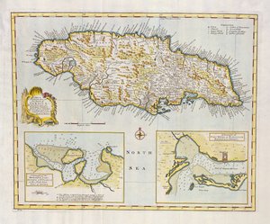 Mapa de la isla de Jamaica, dividida en sus principales parroquias c.1760 (grabado coloreado a mano)