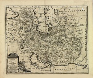 Nuevo y preciso mapa de Persia, con el Imperio Safávida y Mughal de Emanuel Bowen