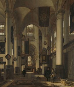 Interior de una iglesia gótica protestante con motivos de la Oude y Nieuwe Kerk de Ámsterdam de Emanuel de Witte