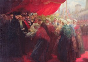Los Bazennes ofreciendo un pez de plata a Alix de Hesse-Darmstadt, Emperatriz de Rusia, en Dunkerque en 1901