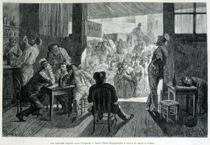 Un grupo de mujeres frente a un bar, prohibido para mujeres, cantando himnos a los borrachos contra el alcoholismo de Emile Antoine Bayard