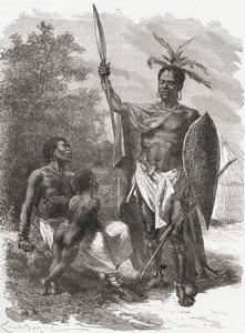 Un nativo de Ougogo, África Central, en traje de guerra, ilustración de 
