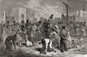 Adúlteros siendo apedreados y colgados en Turquía, ilustración de 
