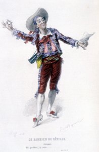 Obra completa de Beaumarchais (1732-1799) por Edouard Fournier. dibujo de Emile Bayard. Ed. Laplace, Sanchez et Cie, París 1876. Este es Figaro en “El barbero de Sevilla” de Emile Antoine Bayard