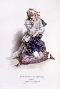 Obra completa de Beaumarchais (1732-1799) por Edouard Fournier. dibujo por Emile Bayard. Ed. Laplace, Sanchez et Cie, París 1876. Esta es Suzanne en "The Wedding of Figaro"