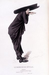 Obra completa de Beaumarchais (1732-1799) por Edouard Fournier. dibujo de Emile Bayard. Ed. Laplace, Sanchez et Cie, París 1876. Este es Bazile en "El Barbero de Sevilla"