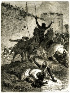 Cruzada contra los albigenses - Asedio de Toulouse, 25 de junio de 1218. El hermano de Simón de Montfort acaba de ser herido por una flecha, Simón de Montfort va a ser asesinado por una bola de catapulta lanzada, se dice, por una de las mujeres de Toulouse de Emile Antoine Bayard