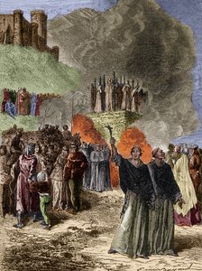 Cruzada contra los Albigenses - Los últimos defensores de Montsegur (Cátaros) quemados en la hoguera en 1244 - Grabado por Emile Bayard según G. Burgun de Emile Antoine Bayard