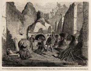 Descubierto por un horno de panadería y pan conservado en cenizas durante las excavaciones de 1864 en Pompeya, dibujo de Emile Bayard (1837-1891), para ilustrar el texto de Marc Monnier (1829-1885) “Pompeya y los Pompeianos”. Grabado en “Le tour du monde”, de Emile Antoine Bayard
